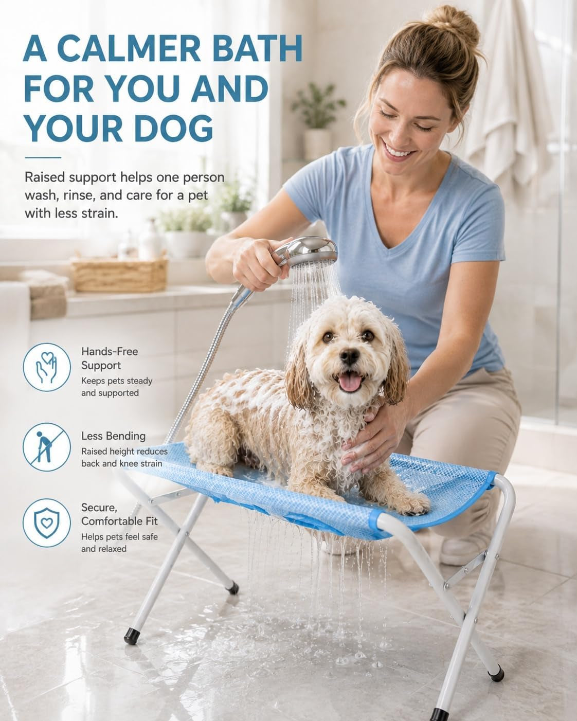 Foldable Pet Bathing Stand, Dog Grooming Hammock with Quick-Dry Mesh, 44 Lb