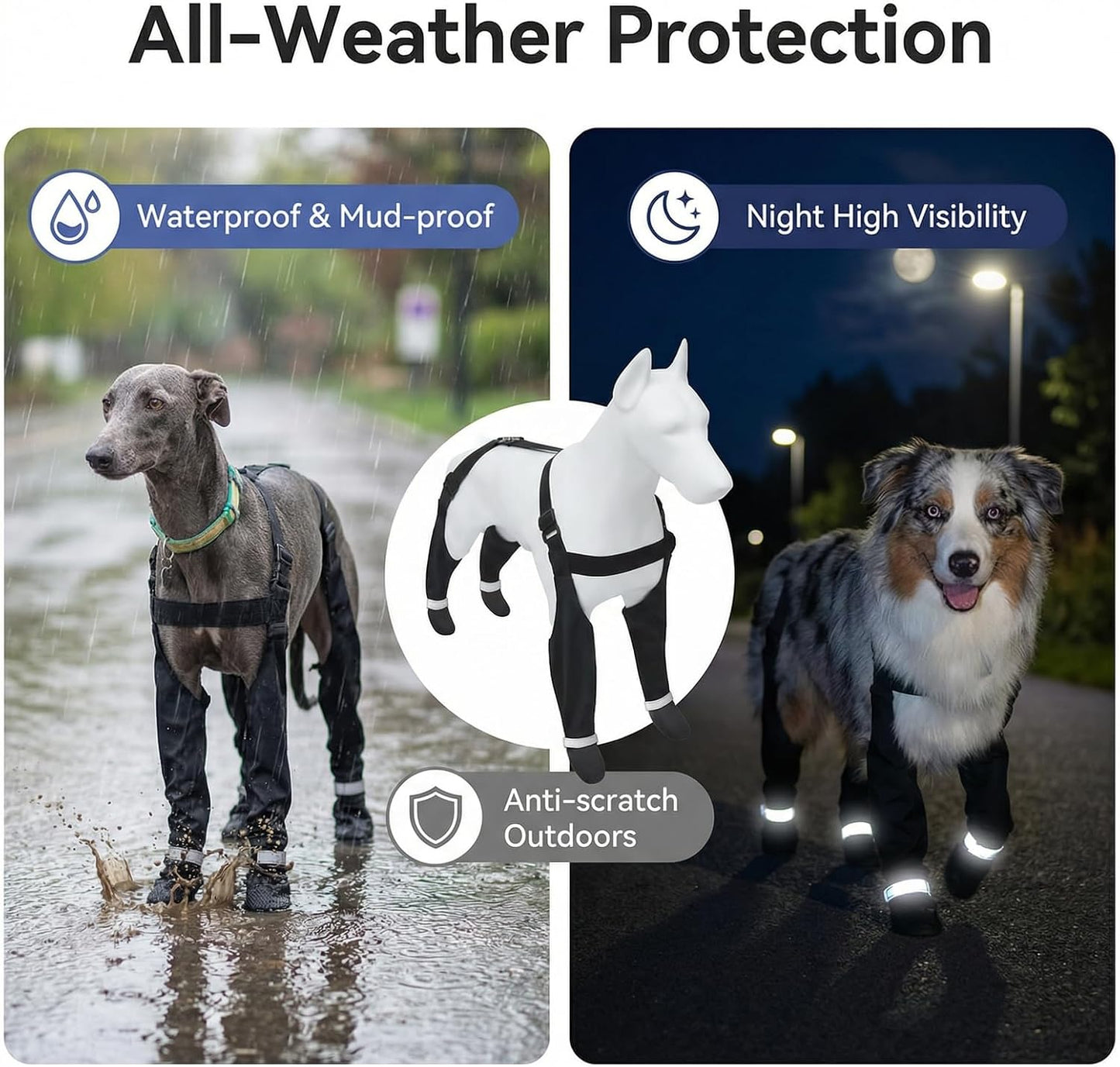 Dog Boots with Adjustable Suspenders, Waterproof Anti-Slip Paw Protection for Small Middle Large Dogs Shoes Leggings Winter Snow Rain Hiking,Black, 4 Pack (L)