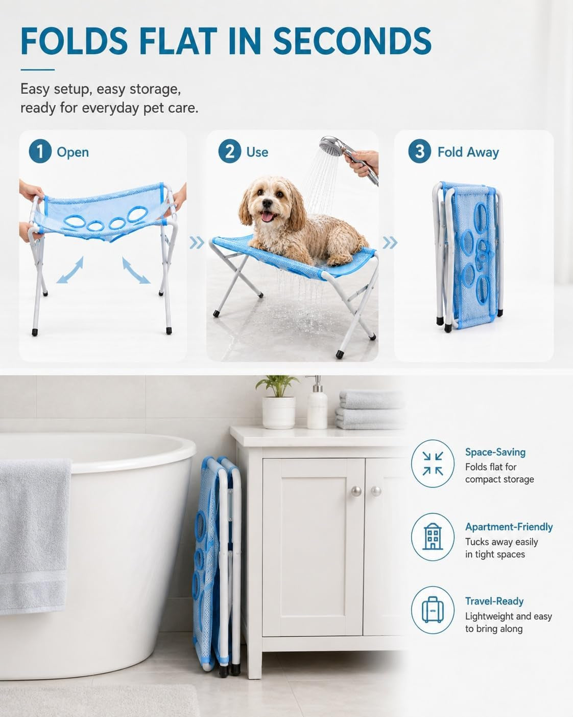Foldable Pet Bathing Stand, Dog Grooming Hammock with Quick-Dry Mesh, 44 Lb