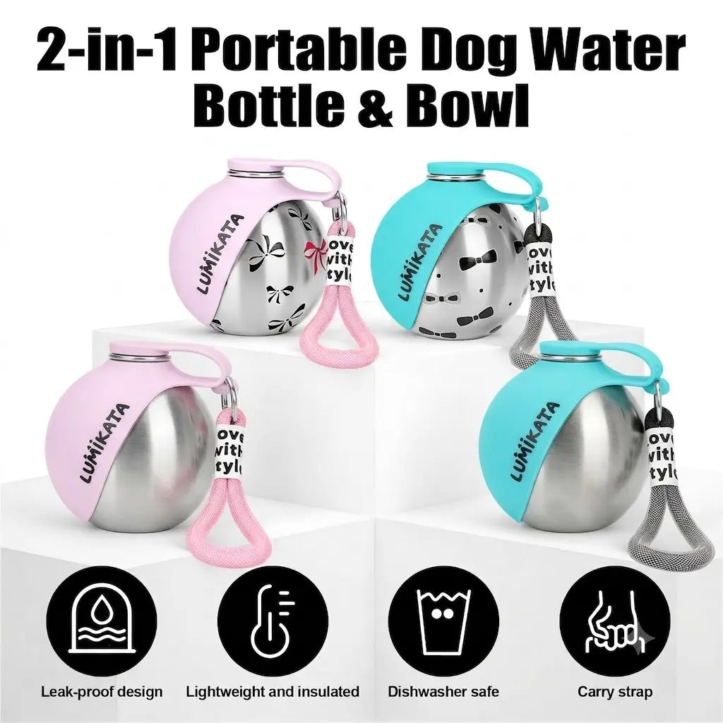 2-in-1 Portable Dog Water Bottle and Bowl, 10oz Stainless Steel Leak-Proof Tumbler for Walking