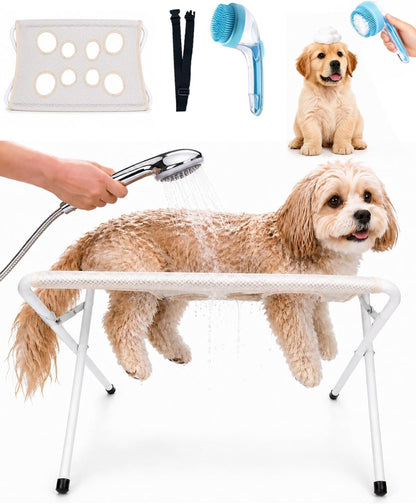 Foldable Pet Bathing Stand, Dog Grooming Hammock with Quick-Dry Mesh, 44 Lb