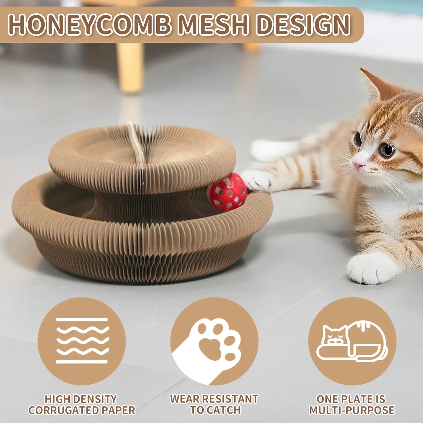 Furfitfun Kitty Kurlz,Foldable Scratcher Toy, Magic Organ Cat Scratching Board Toy with Balls Bells,Made of Recyclable Corrugated Cardboard,Interactive Mental Physical Exercise Toys for Indoor Cats