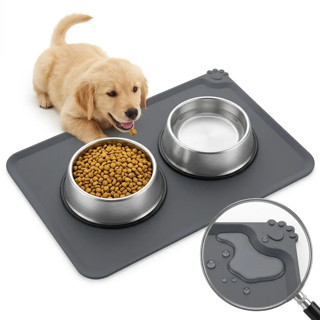 Eco-Friendly Waterproof Silicone Dog Bowl Tray - Bone-Shaped, Raised Edges Prevents Spills, Easy-Clean Pet Feeding Mat for Travel, Floor Protection, Small/Large Messy Eaters