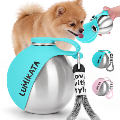 2-in-1 Portable Dog Water Bottle and Bowl, 10oz Stainless Steel Leak-Proof Tumbler for Walking