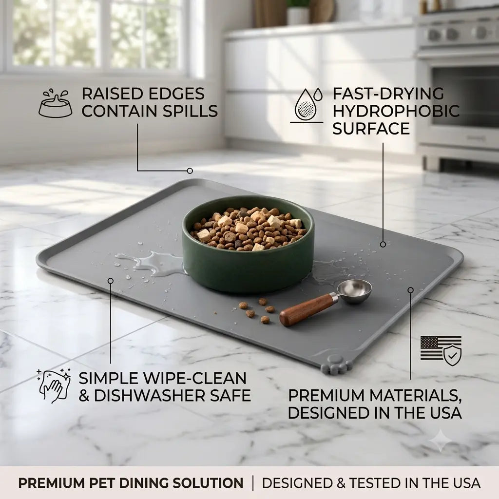 Eco-Friendly Waterproof Silicone Dog Bowl Tray - Bone-Shaped, Raised Edges Prevents Spills, Easy-Clean Pet Feeding Mat for Travel, Floor Protection, Small/Large Messy Eaters