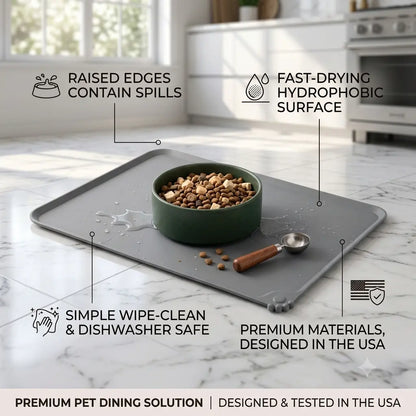 Eco-Friendly Waterproof Silicone Dog Bowl Tray - Bone-Shaped, Raised Edges Prevents Spills, Easy-Clean Pet Feeding Mat for Travel, Floor Protection, Small/Large Messy Eaters