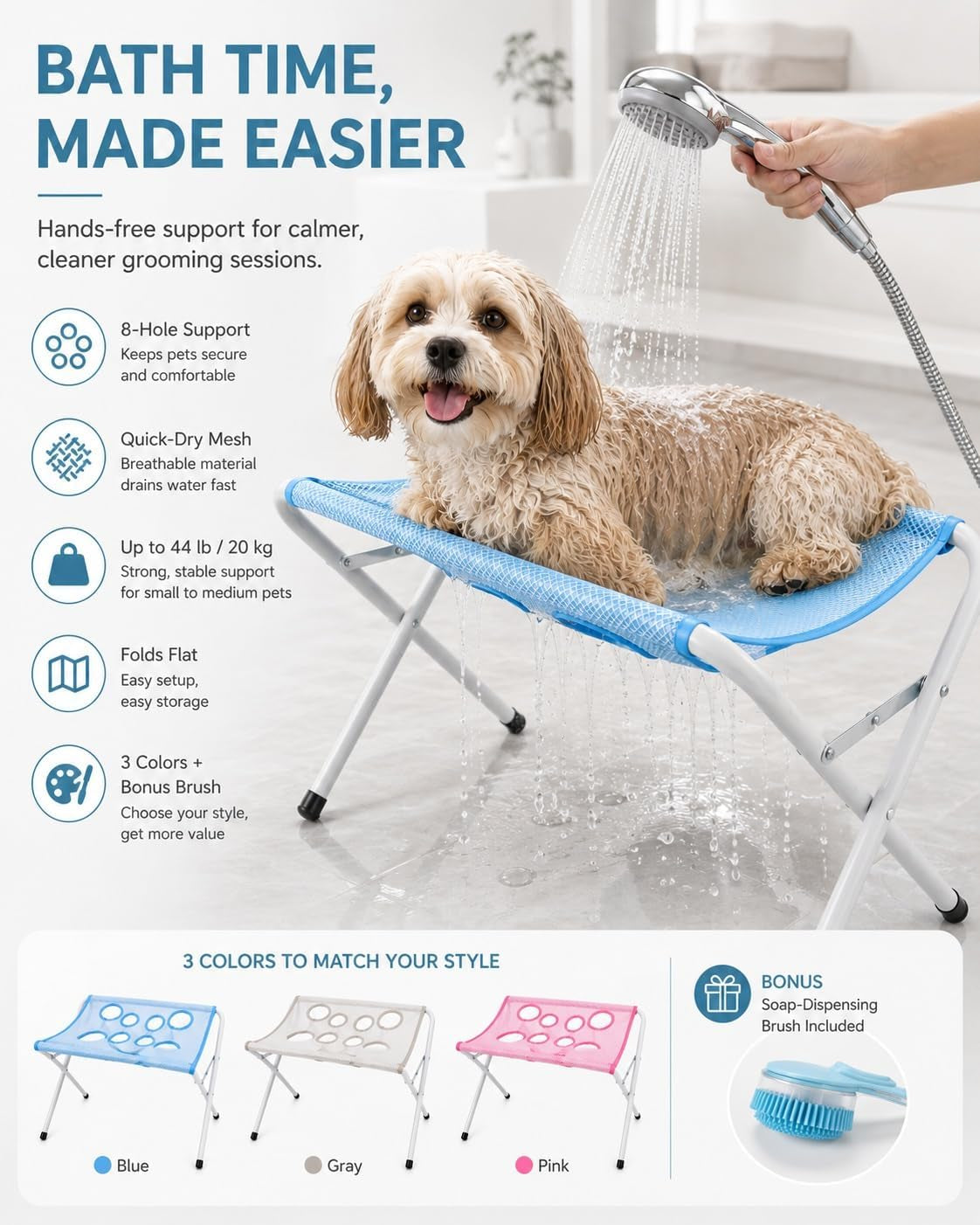 Foldable Pet Bathing Stand, Dog Grooming Hammock with Quick-Dry Mesh, 44 Lb