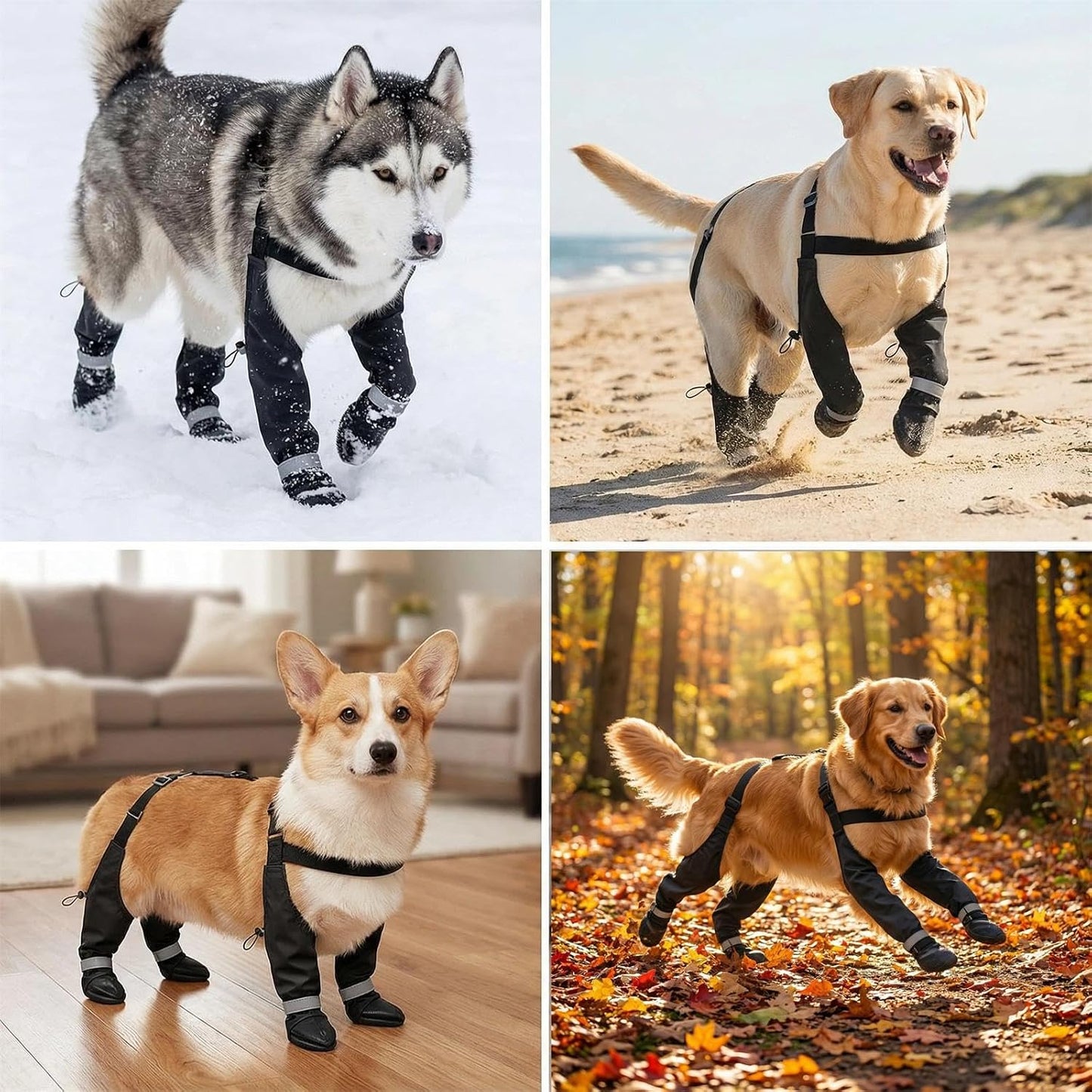 Dog Boots with Adjustable Suspenders, Waterproof Anti-Slip Paw Protection for Small Middle Large Dogs Shoes Leggings Winter Snow Rain Hiking,Black, 4 Pack (L)