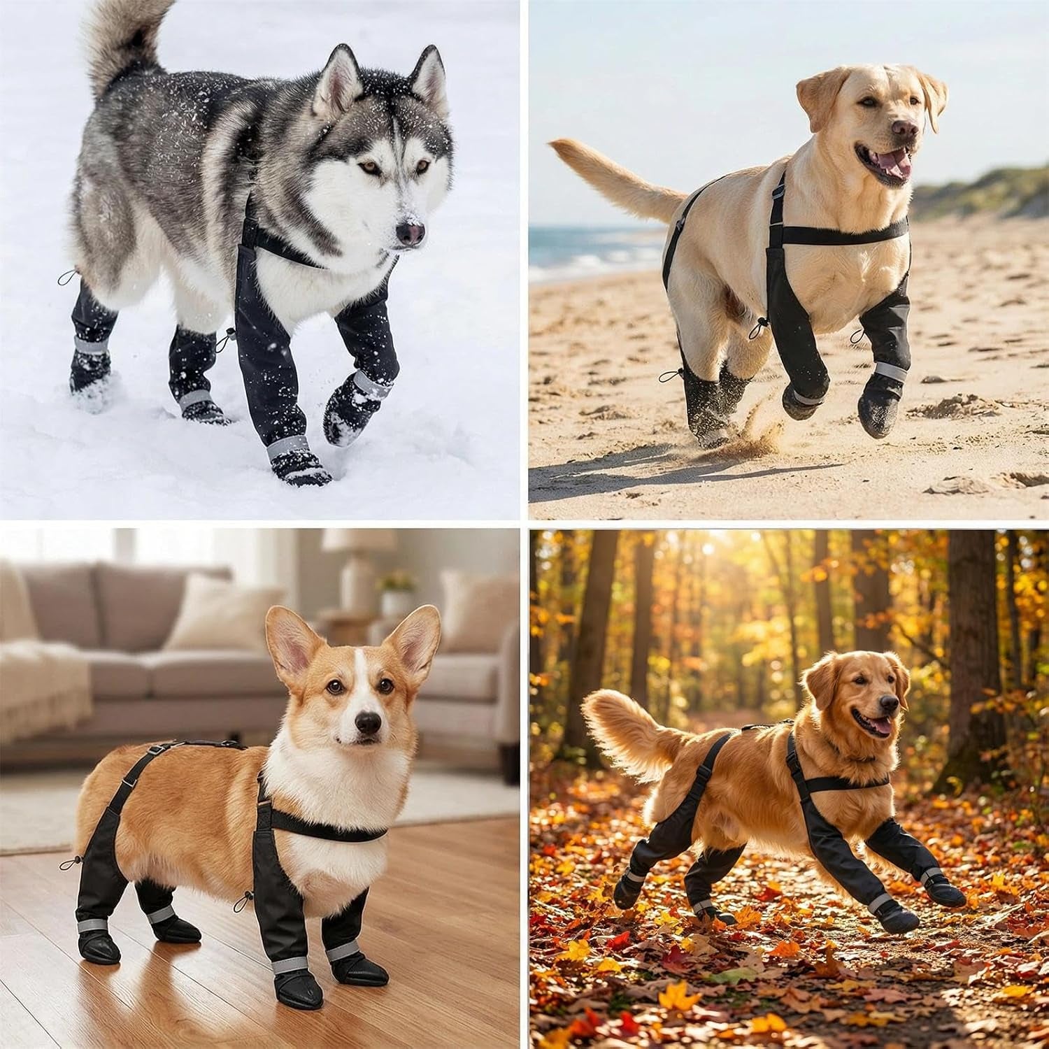Dog Boots with Adjustable Suspenders, Waterproof Anti-Slip Paw Protection for Small Middle Large Dogs Shoes Leggings Winter Snow Rain Hiking,Black, 4 Pack (L)