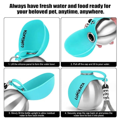 2-in-1 Portable Dog Water Bottle and Bowl, 10oz Stainless Steel Leak-Proof Tumbler for Walking